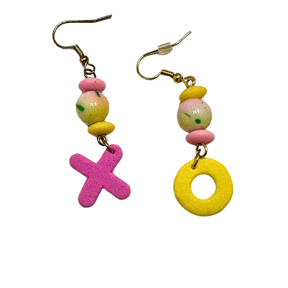 HANDCRAFTED Earrings XO Pink and Yellow Dangle Drop Pierced Handmade Lightweight